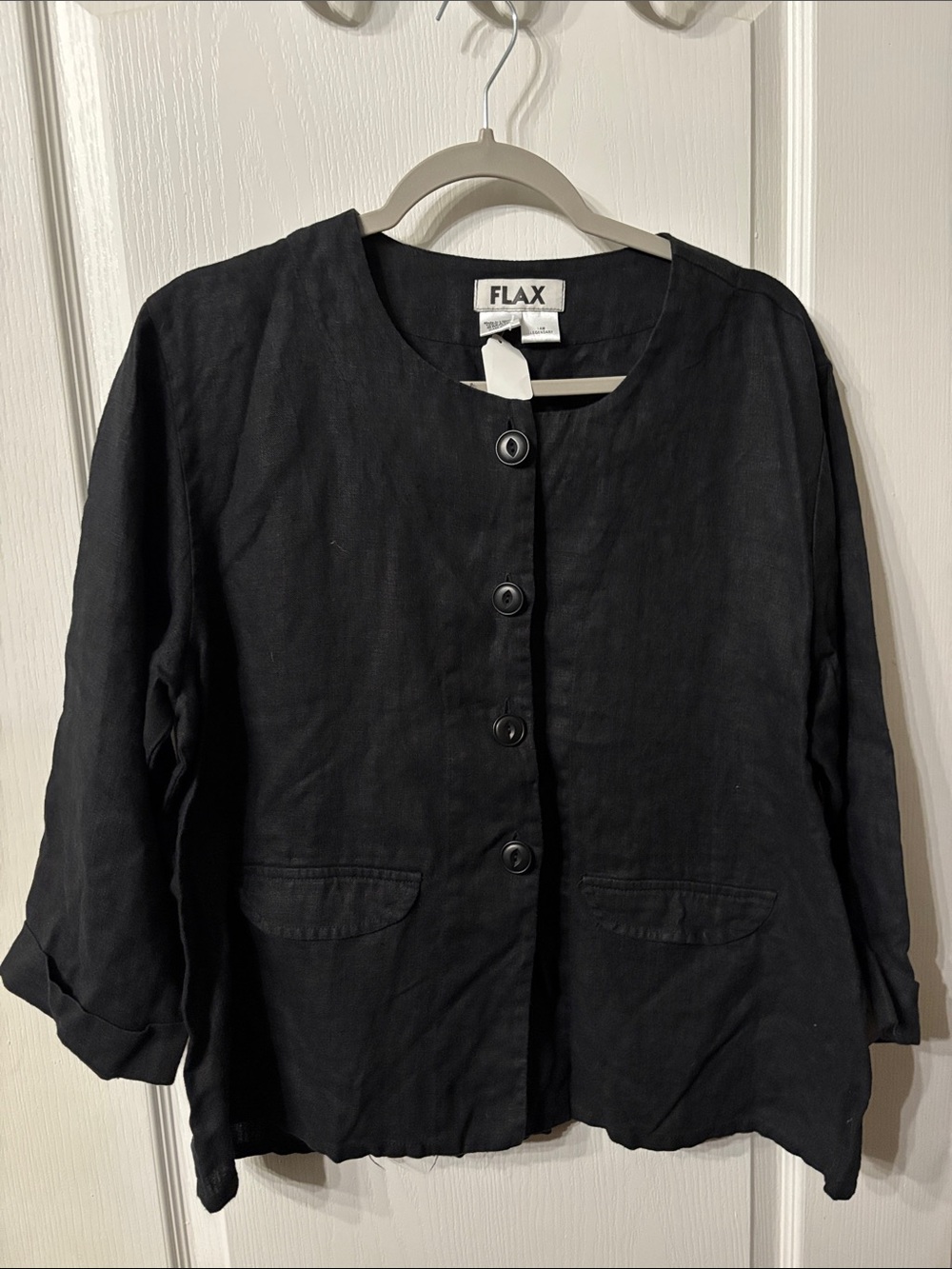 Flax Black Linen Collarless Button Jacket